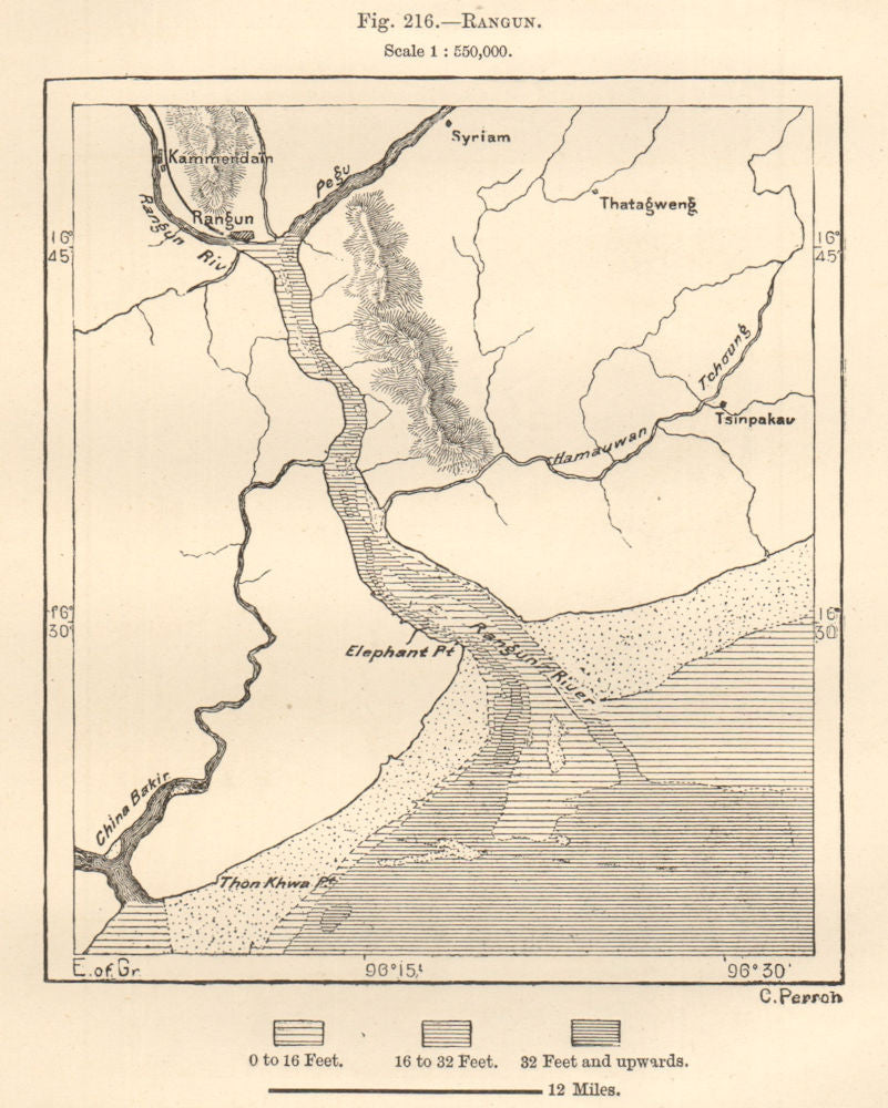 Yangon / Rangoon town & river, Burma. Rangun. Myanmar. Sketch map 1885 old